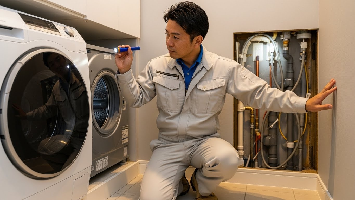 洗濯機置き場の壁内配管を確認する専門業者