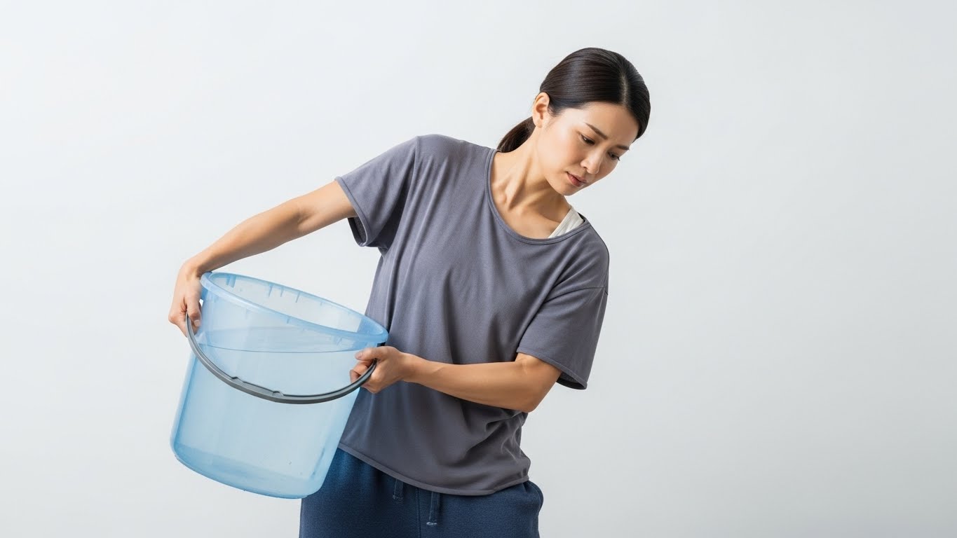 お風呂場からバケツでお湯を運ぶ大変そうな様子の女性
