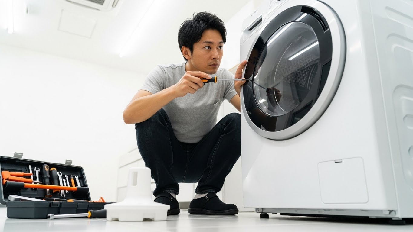 ドライバーを手に持ち洗濯機のDIY修理を始めようとしている日本人男性