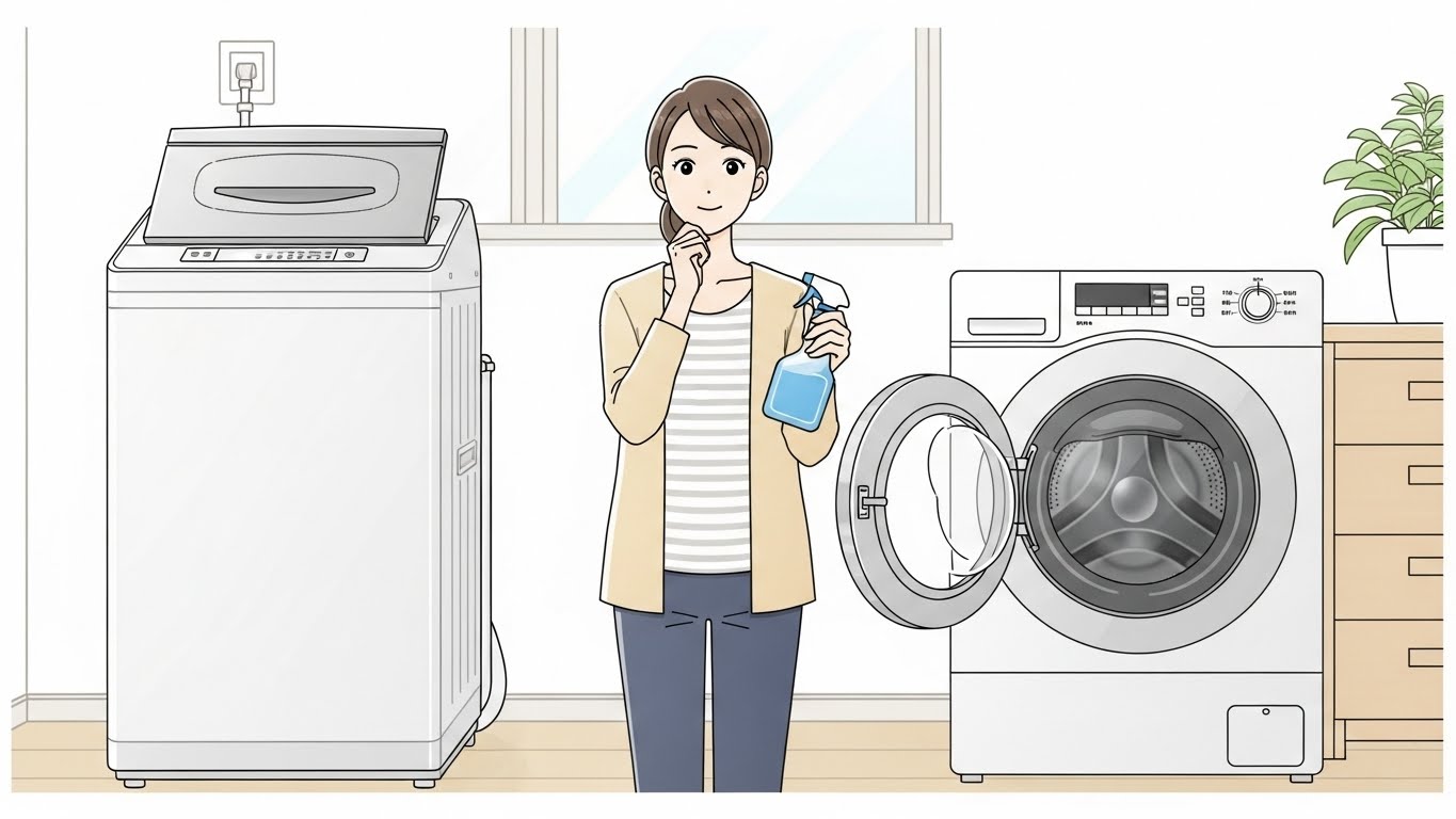 洗濯機の前でスプレー洗剤を持ちながらドラム式と縦型のどちらに使えるか考えている日本人女性
