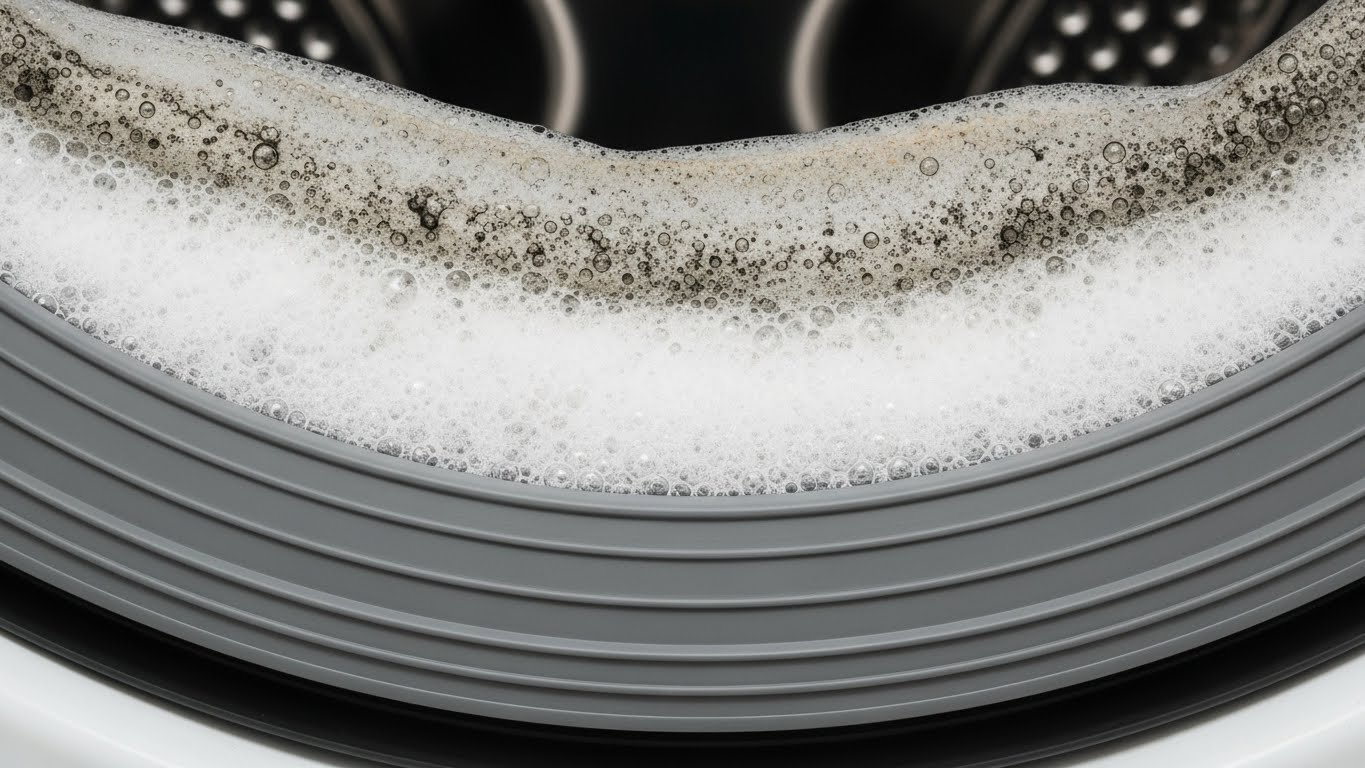 ドラム式洗濯機のゴムパッキンのカビ汚れに密着している高粘度の泡スプレー