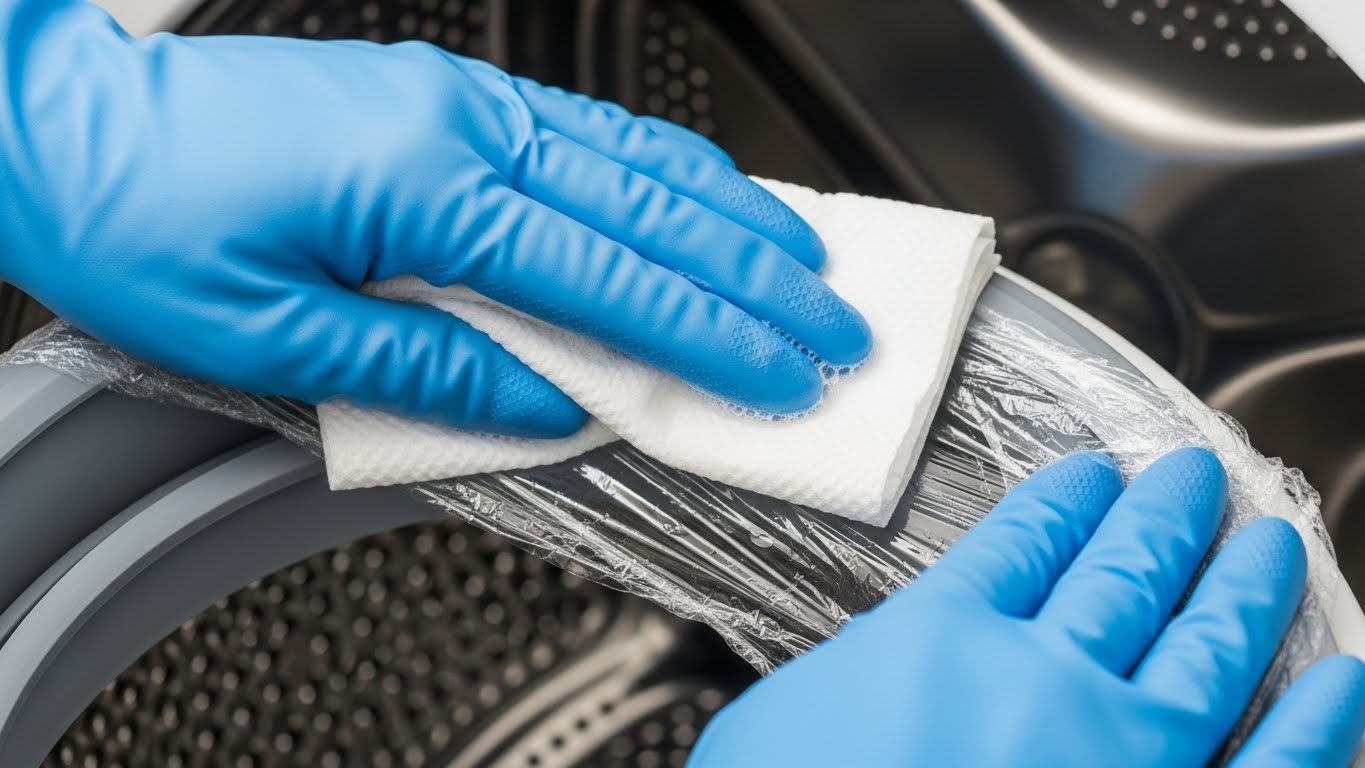 ドラム式洗濯機のゴムパッキンに薬剤を含ませたペーパーを貼り付けラップでパックしている手元