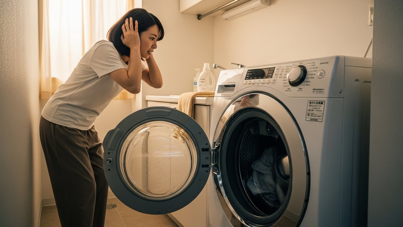 狭い室内で洗濯機の騒音に耳を塞ぎ、困った表情を浮かべる日本人女性