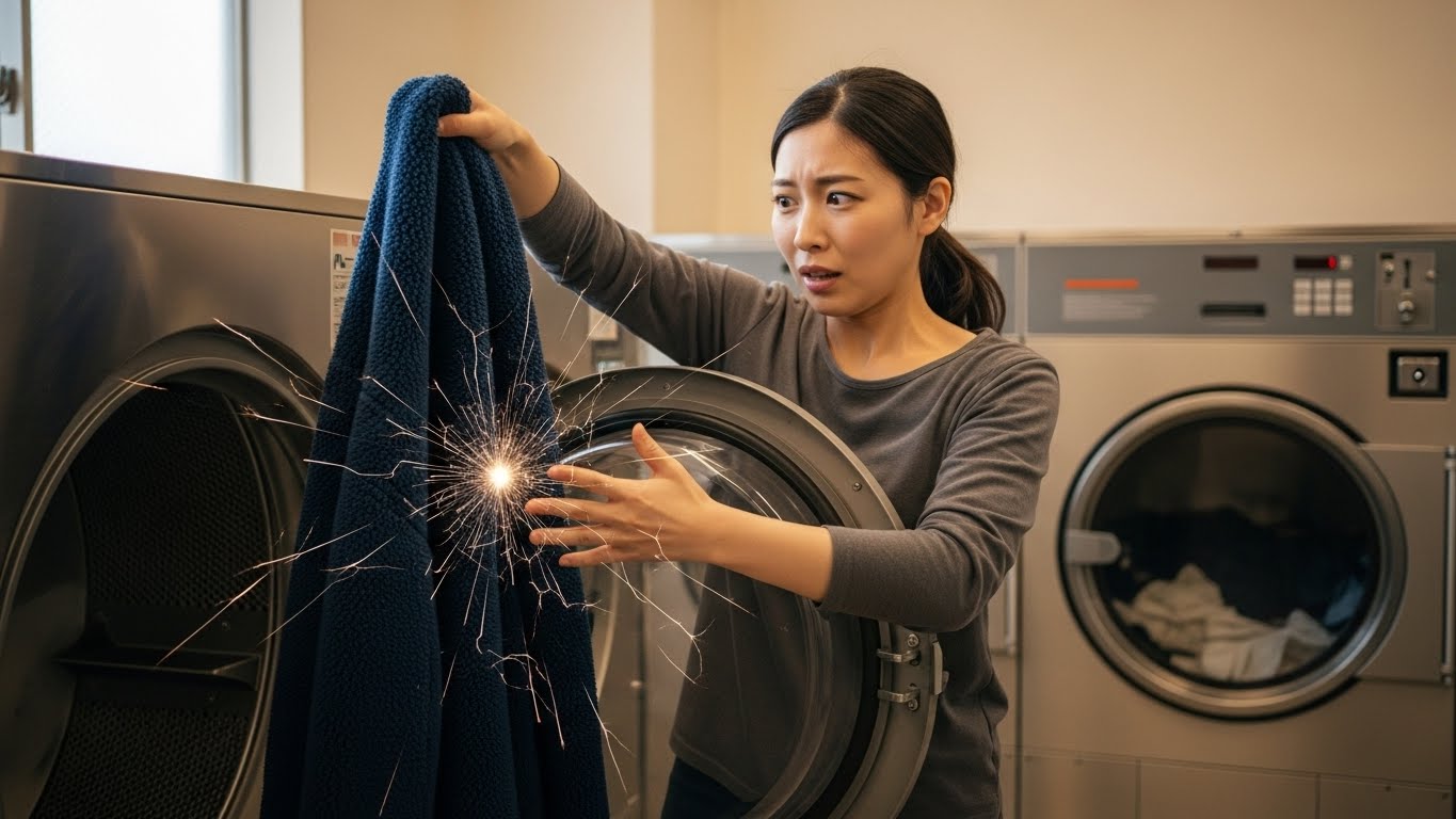 乾燥機からフリースを取り出す際、強い静電気のバチッという衝撃に驚く日本人女性