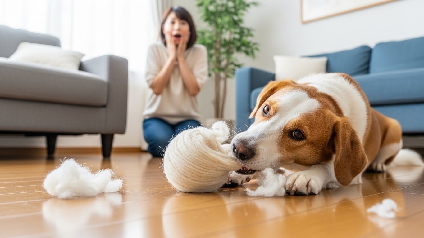 床でウールボールを噛みちぎって遊ぶ犬と、それを見てショックを受けている飼い主の日本人女性