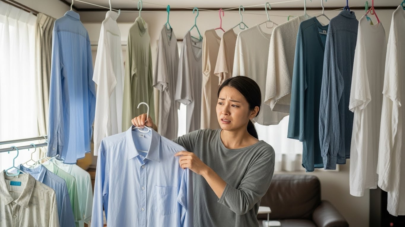 部屋干しした洗濯物が乾かず困っている日本人の様子