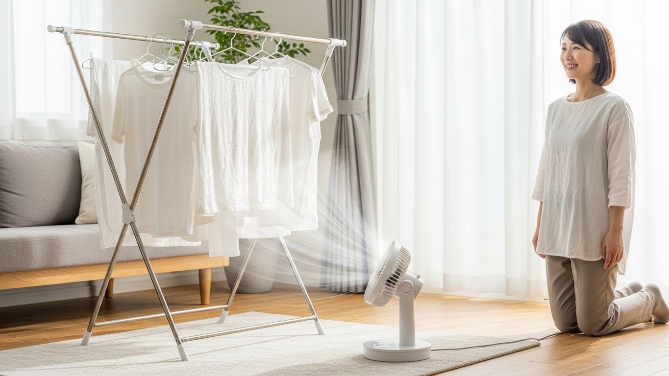 サーキュレーターを使って部屋干しの効率を上げる正しい配置の実演写真