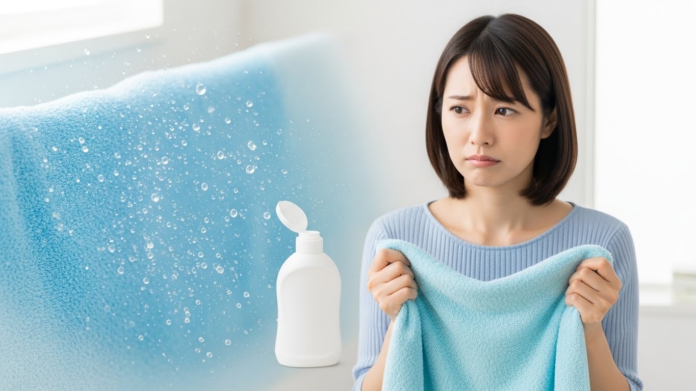柔軟剤を使いすぎて水を弾いてしまっているタオルと、それを見て困った表情の日本人の写真