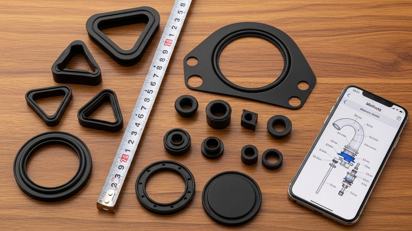 サイズや形状が異なる様々な洗濯機蛇口用ゴムパッキンとメジャー、スマートフォン