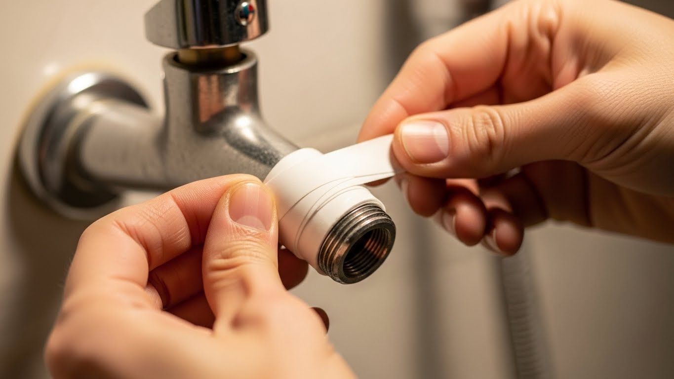 壁から取り外した蛇口のネジ山に、シールテープを時計回りに巻く様子