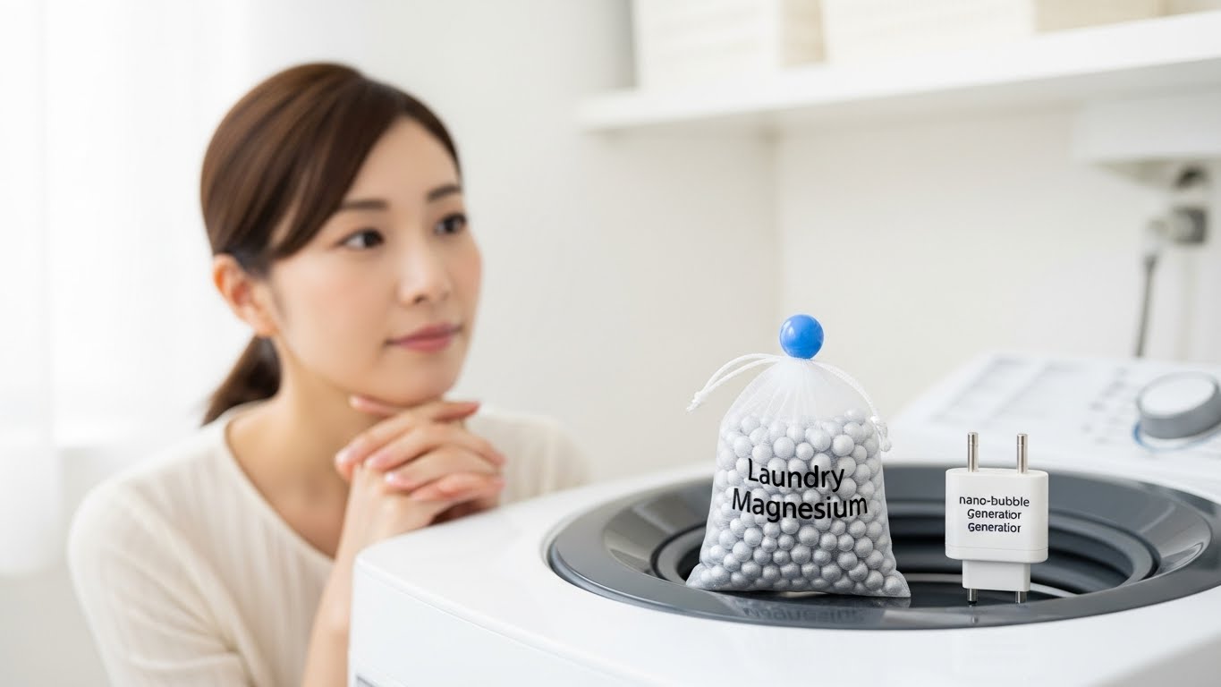 洗濯機と並べて置かれたマグネシウム洗濯グッズとナノバブル発生アダプター