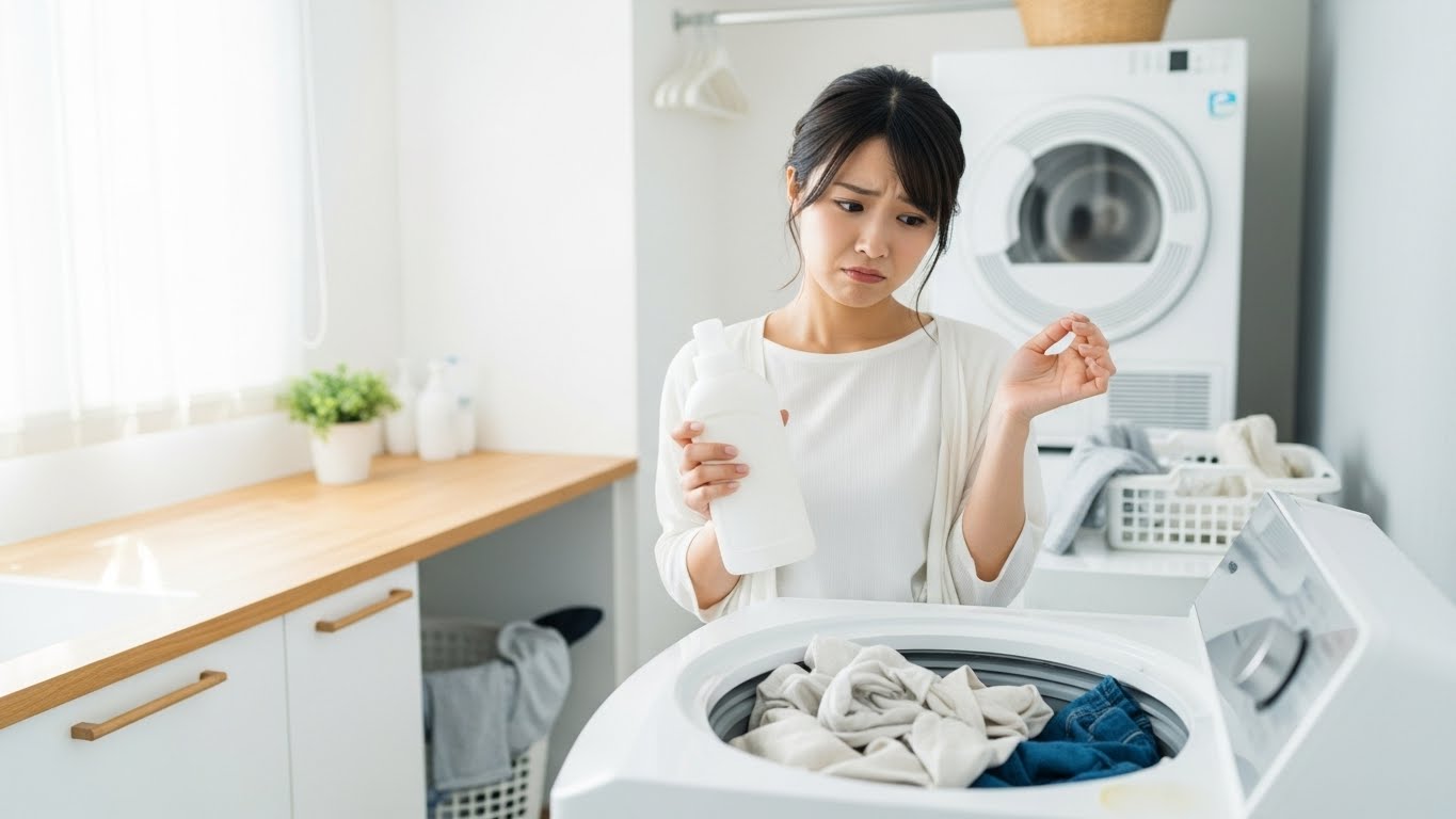 明るいランドリールームで、洗濯機の電源を入れる前に洗剤を直接入れようか迷って困った顔をしている日本人女性の写真