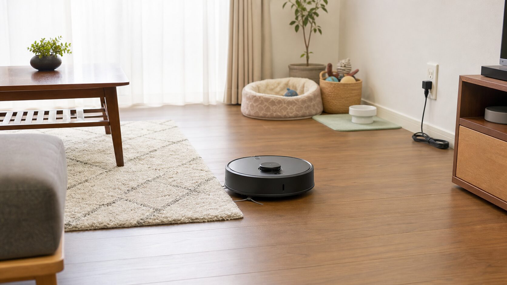 ペット用品やラグがある部屋でロボット掃除機を選ぶイメージ