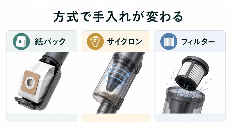 紙パック式とサイクロン式の手入れ比較