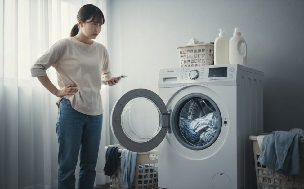 順調に回っていた洗濯機が脱水できずにすすぎに戻る「脱水ループ」に困っている日本人女性の様子