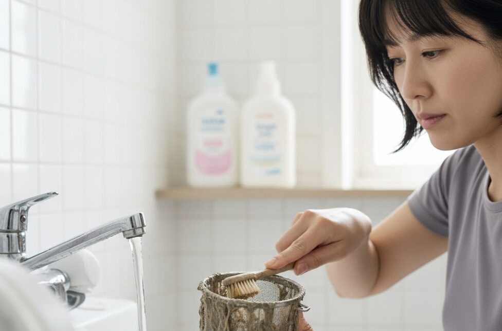 繊維くずやヘドロで目詰まりした状態の洗濯機排水フィルター（糸くずフィルター）を掃除するために取り出す様子