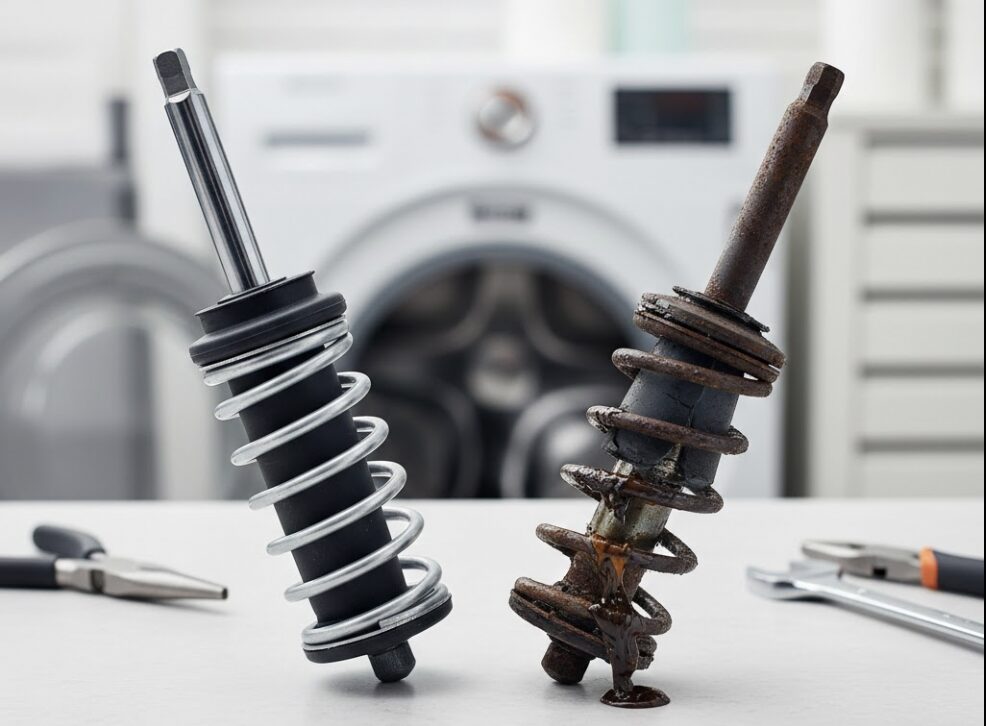 摩耗して劣化し機能が低下した古い洗濯機のサスペンション（吊り棒/ダンパー）と新品の部品を比較し故障を説明