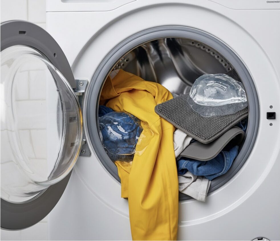 洗濯槽の中に水を溜め込み脱水時のバランスを崩しやすい防水性のレインコートやキッチンマットなどの衣類が入っている様子