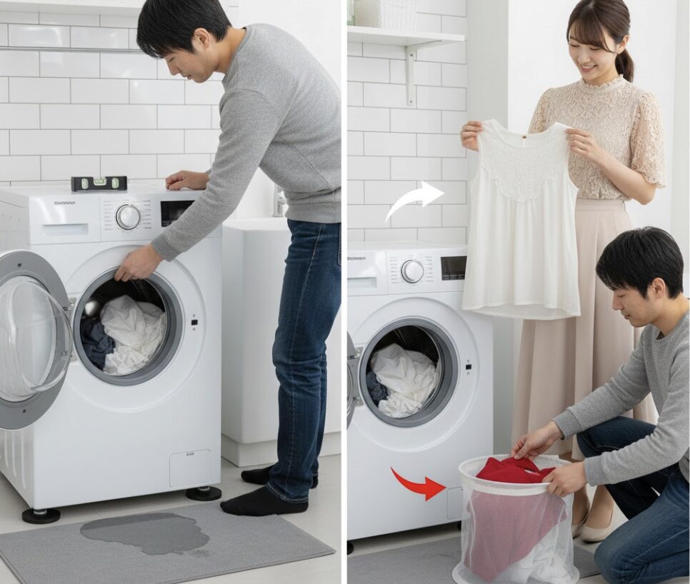 水平器で洗濯機の設置を確認し、洗濯ネットの正しい使い方を説明している日本人夫婦