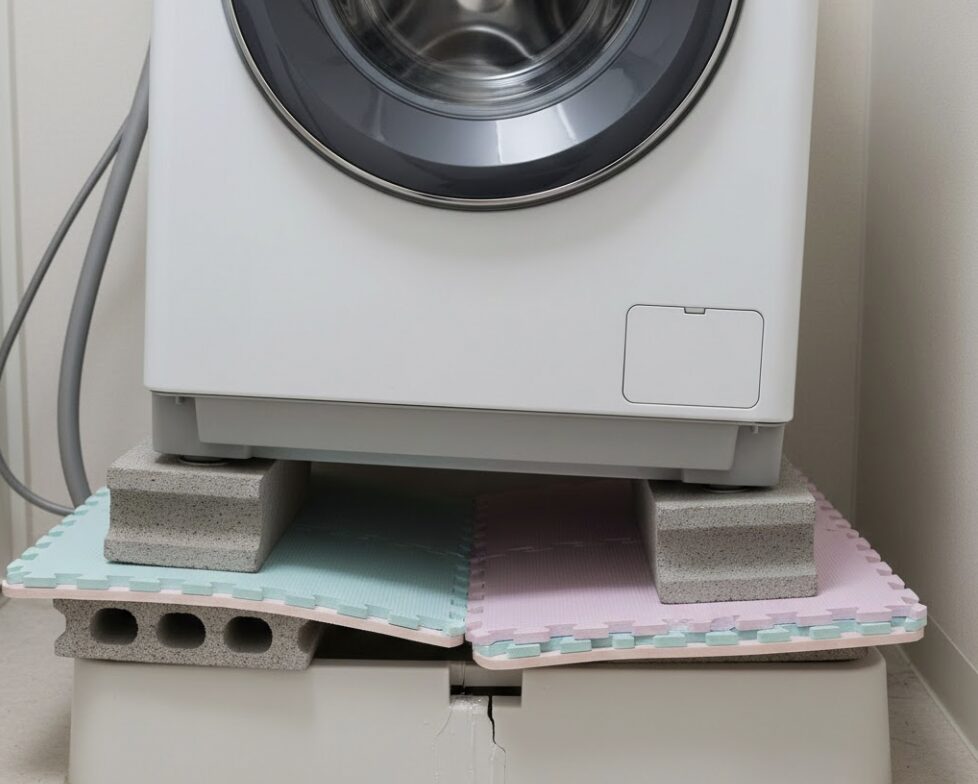 洗濯機の下に積み重ねられたカラフルなジョイントマットとコンクリートブロックでかさ上げされた洗濯機。洗濯機の下の床が破損し、水が漏れている。