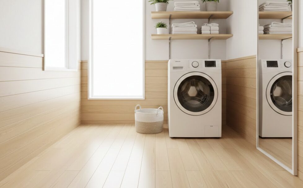 防水パンがなく、フローリングの上に直接設置されたように見えるスタイリッシュなドラム式洗濯機と、広々とした清潔な日本の洗面所