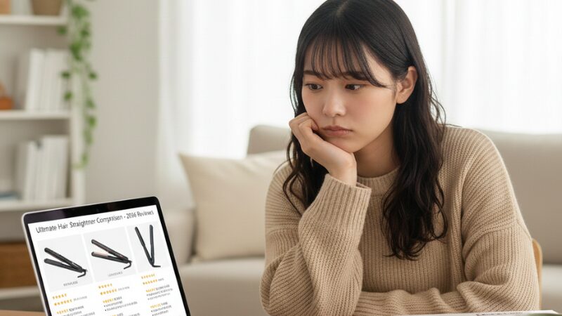 2種類のヘアアイロンをパソコン画面で比較し、どちらを購入するか悩んでいる若い女性